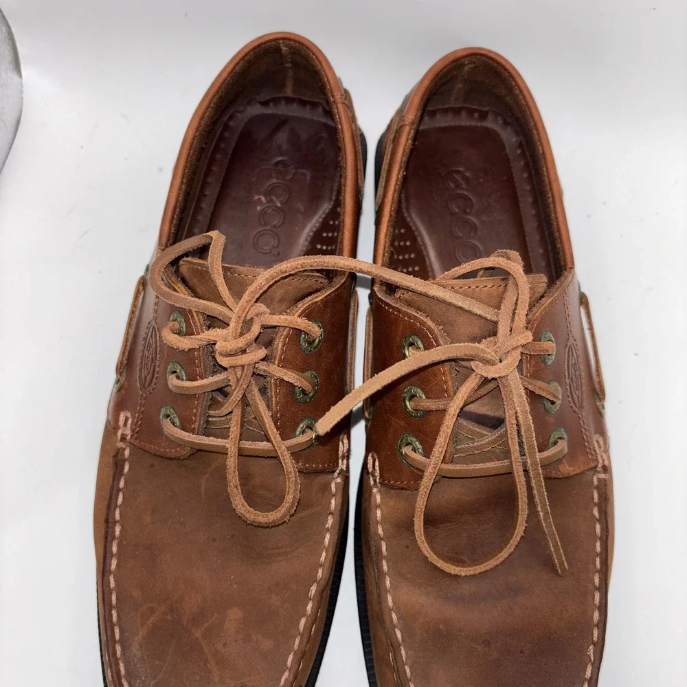 ECCO Mens Brown Leather Water Repellent Boat Shoes RubberTech Loafers 43 9-9.5
